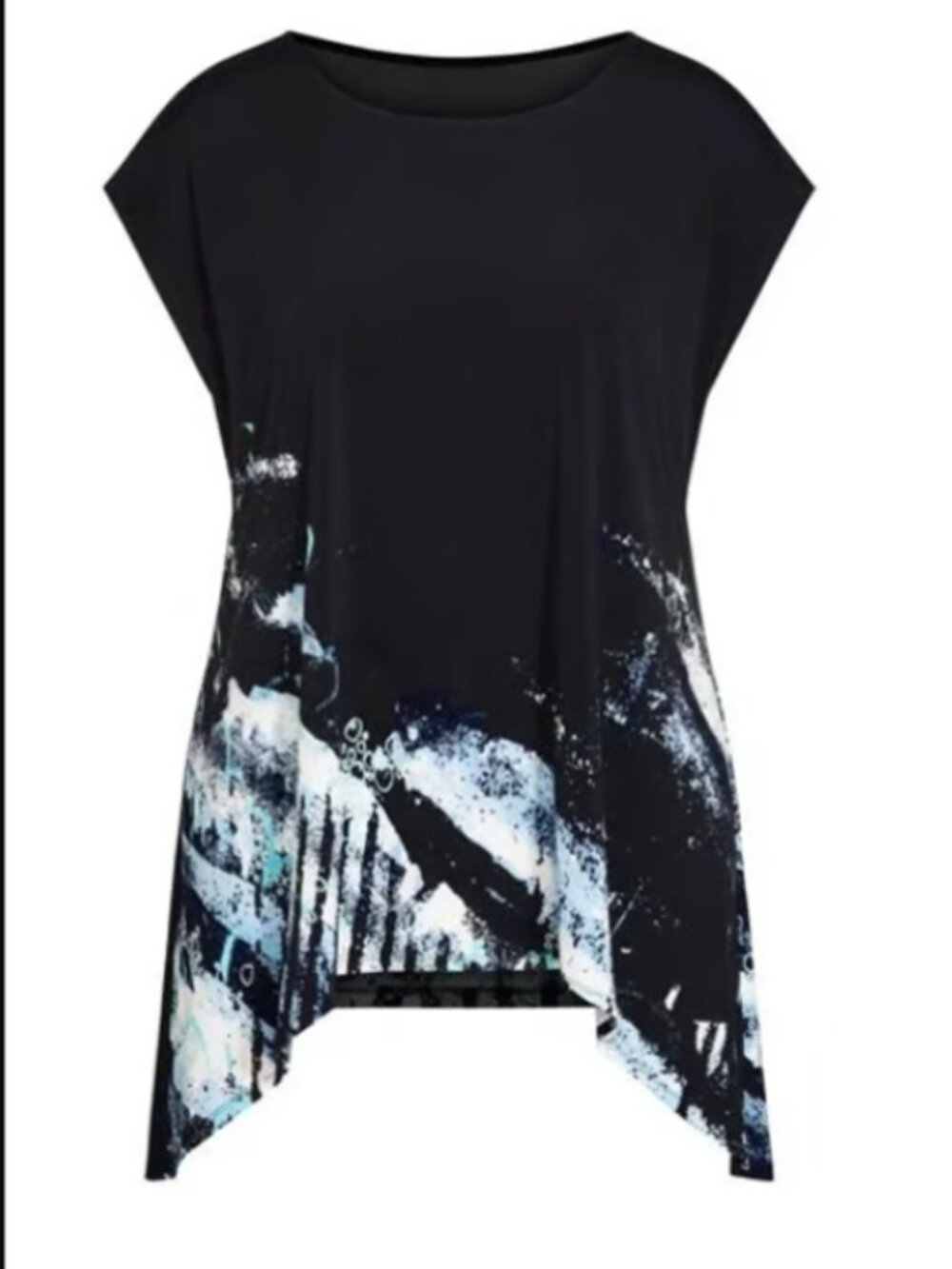 Avenue women's Evans Black Border Print Hanky Hem T-Shirt, Sz 18